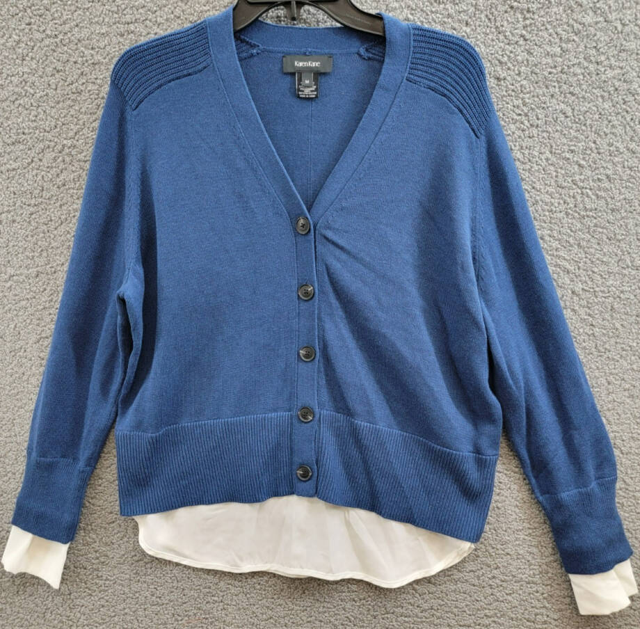 Karen Kane Layered Sweater Cardigan Women's M Dark Blue/White Cashmere Blend L/S