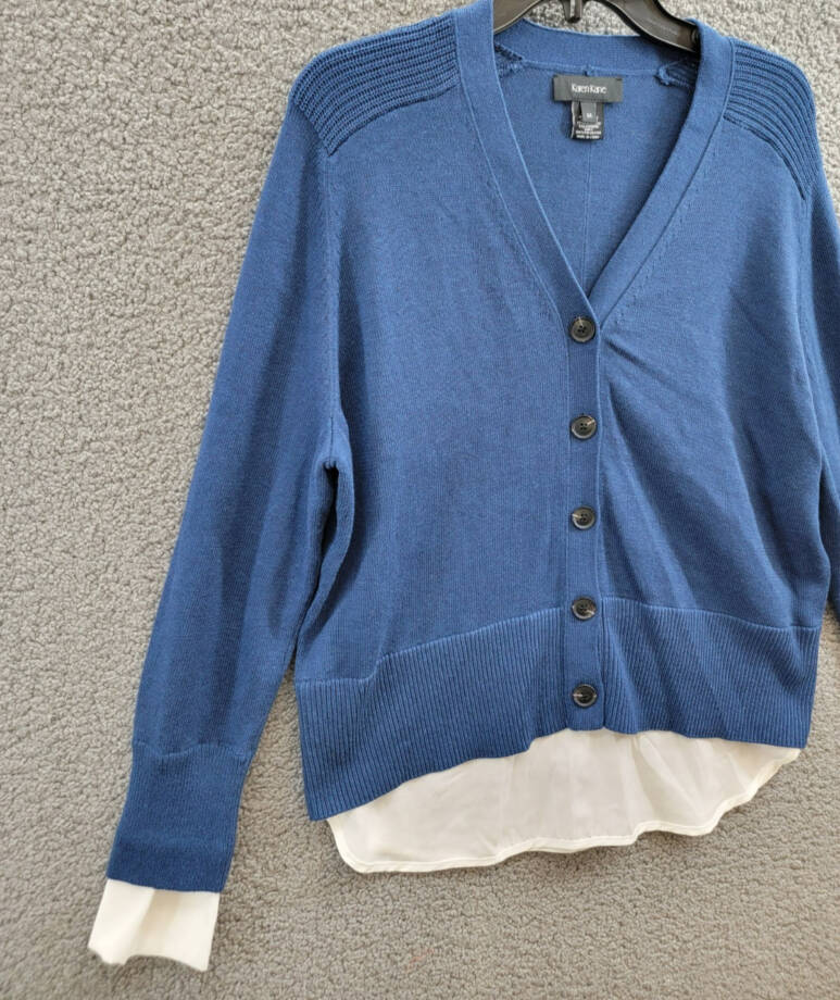 Karen Kane Layered Sweater Cardigan Women's M Dark Blue/White Cashmere Blend L/S