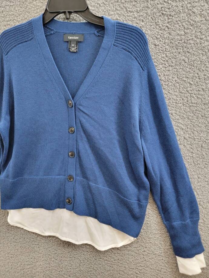 Karen Kane Layered Sweater Cardigan Women's M Dark Blue/White Cashmere Blend L/S
