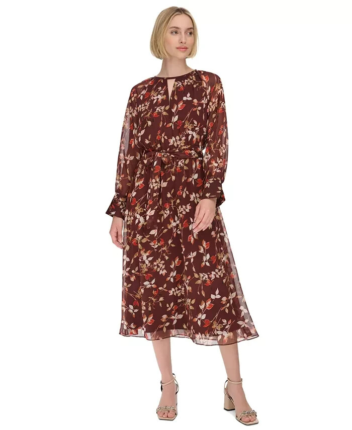 Calvin Klein Printed Round-Neck Midi Dress Women's 2 Syrah Multi Tie at Waist