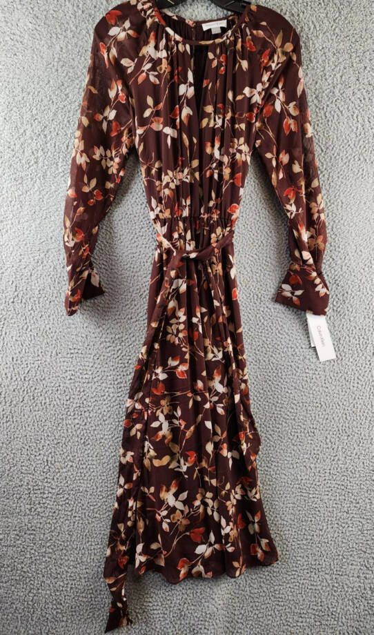 Calvin Klein Printed Round-Neck Midi Dress Women's 2 Syrah Multi Tie at Waist