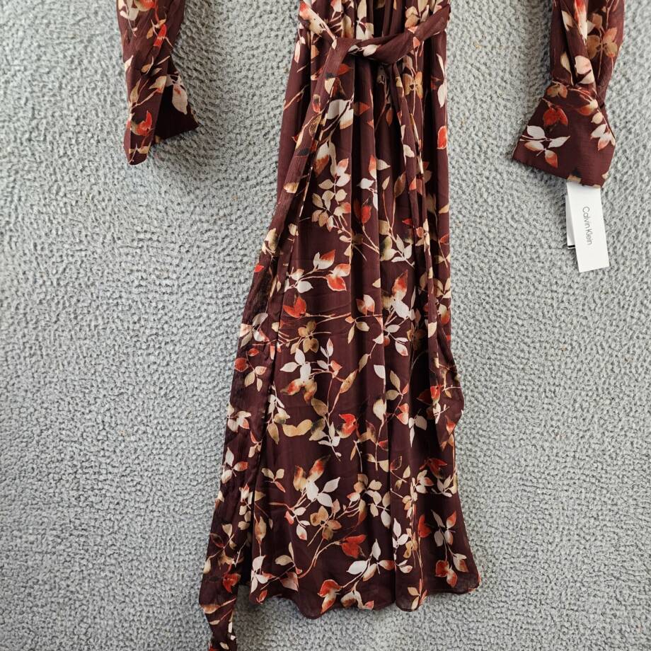 Calvin Klein Printed Round-Neck Midi Dress Women's 2 Syrah Multi Tie at Waist