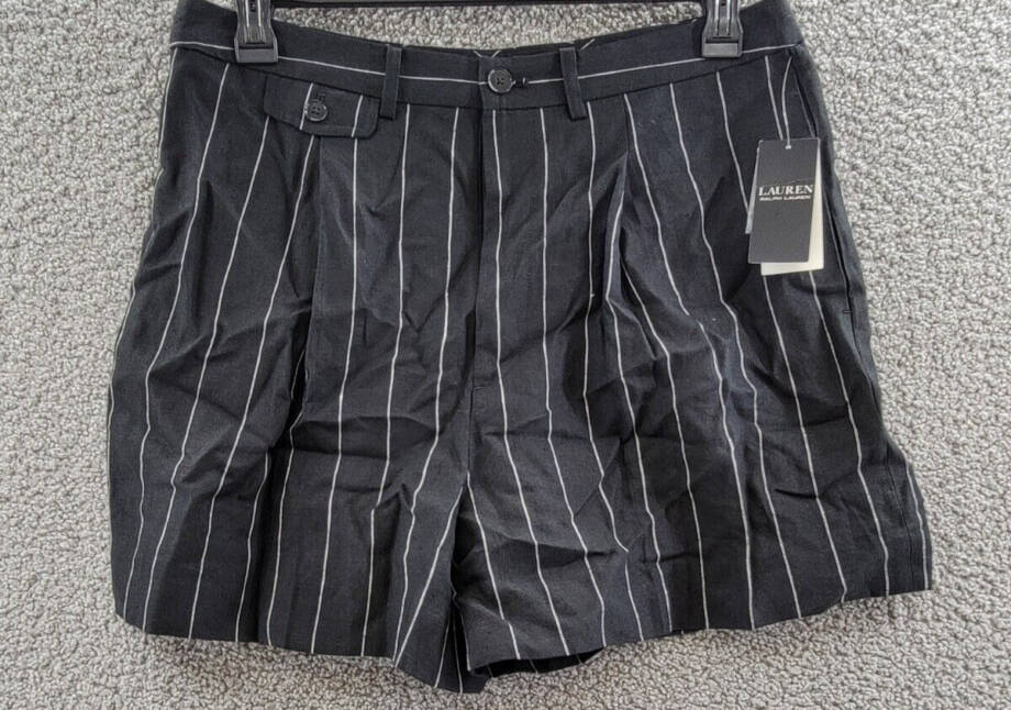Lauren Ralph Lauren Linen Mini Casual Shorts Women's 12 Black Striped Button Zip