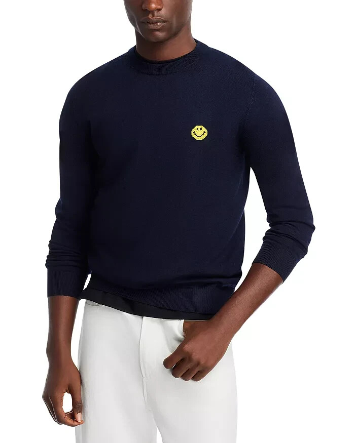 Joshua Sanders Pixel Wool Crewneck Sweater Men's L Navy Ribbed Pullover L/S
