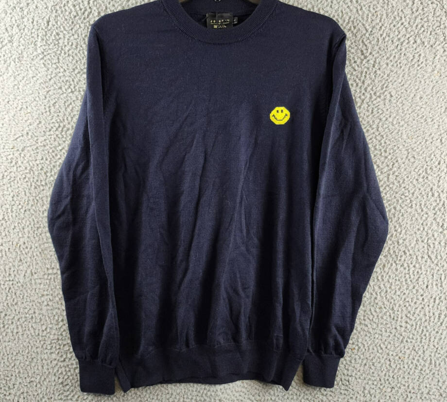 Joshua Sanders Pixel Wool Crewneck Sweater Men's L Navy Ribbed Pullover L/S