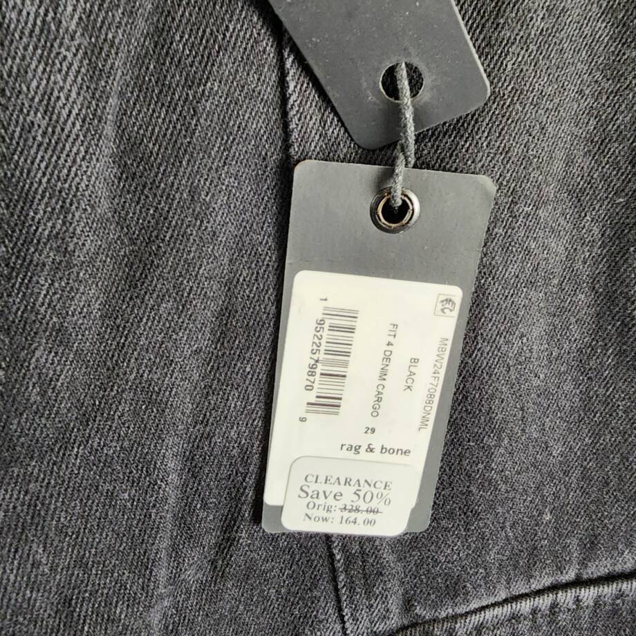 Rag & Bone Fit 4 Denim Cargo Pants Men's 29 Black Pockets Button Zip Closure