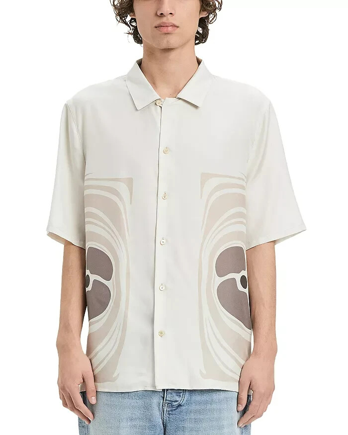 VAYDER Montague Regular Fit Silk Blend Cuban Shirt Men's L Silver Taupe Printed