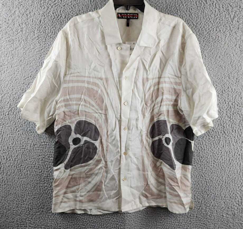 VAYDER Montague Regular Fit Silk Blend Cuban Shirt Men's L Silver Taupe Printed