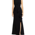 Eliza J Sleeveless Cascading-Ruffle Gown Women's 0 Black Boat Neck Back Zip
