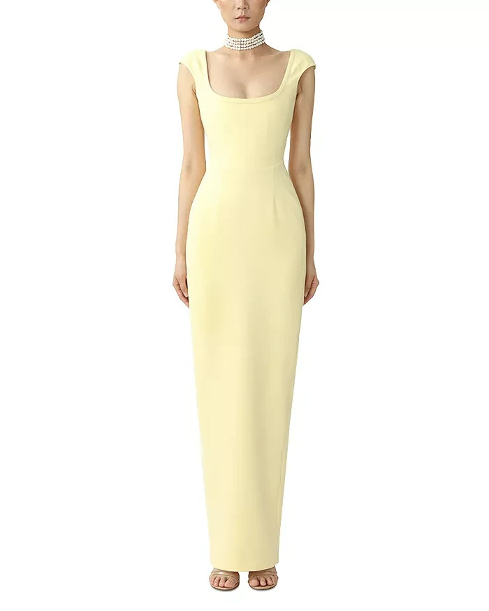SAU LEE Brooke Gown Women's 12 Butter Yellow Solid Square Neck Back Zip Closure