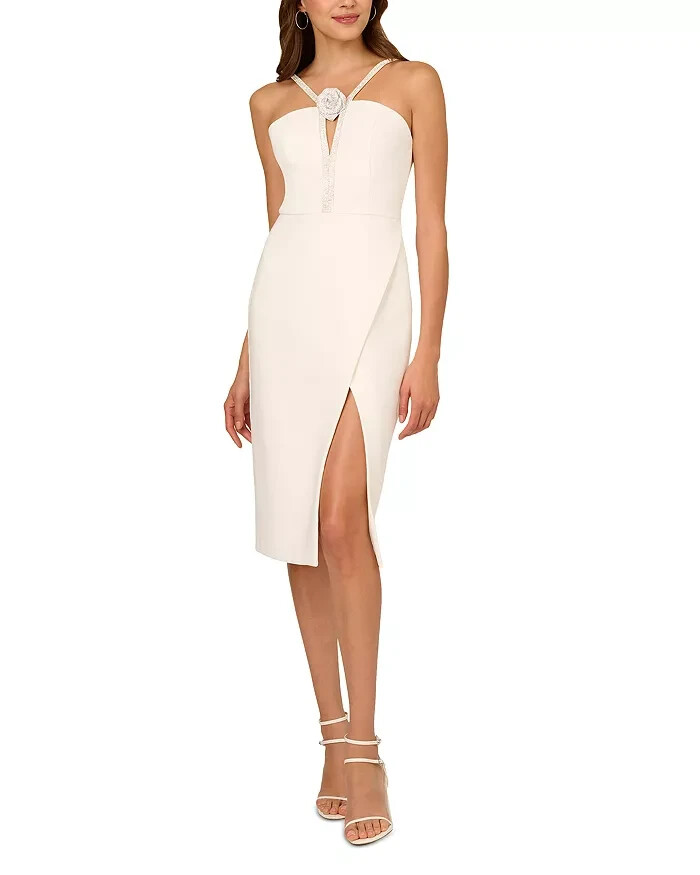 Liv Foster Embellished Twill Halter Midi Dress Women's 6 Ivory Back Zip Closure