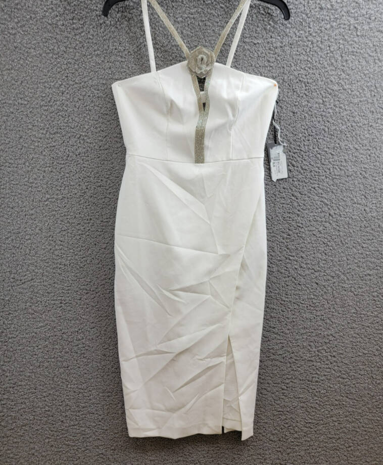 Liv Foster Embellished Twill Halter Midi Dress Women's 6 Ivory Back Zip Closure