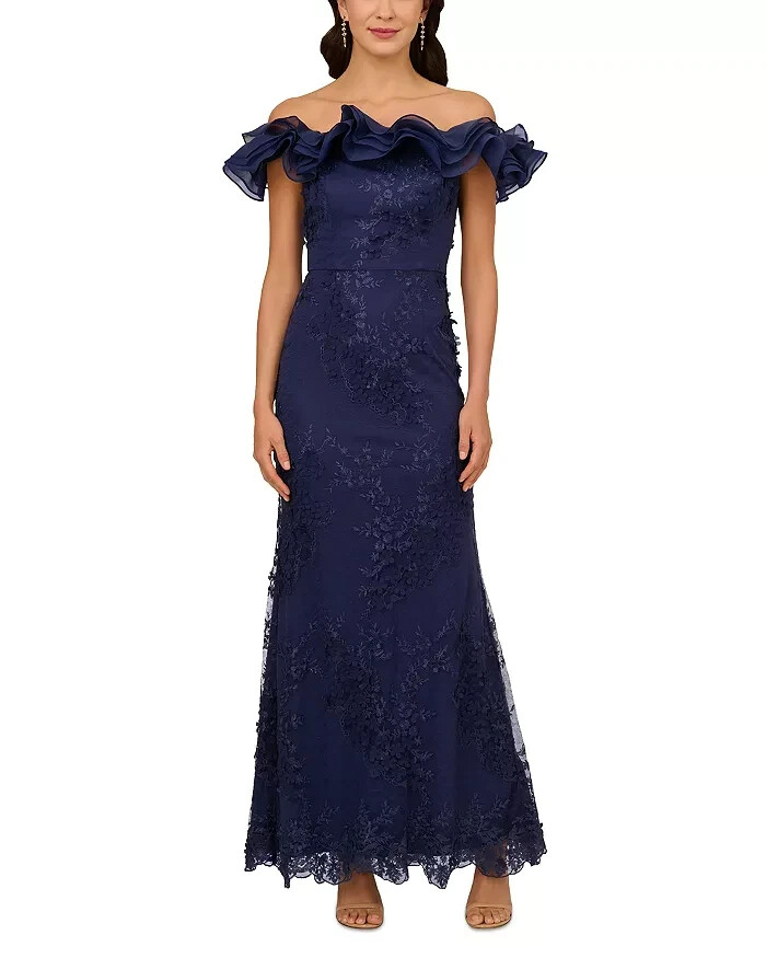 Adrianna Papell Ruffled Embroidered Mermaid Gown Women's 14 Navy 3D Floral Zip