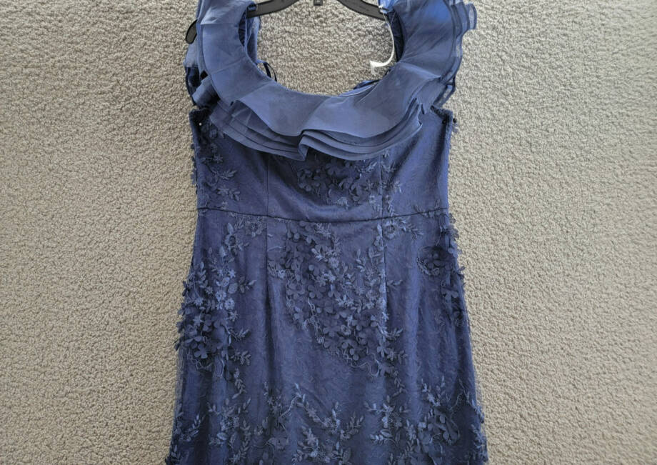 Adrianna Papell Ruffled Embroidered Mermaid Gown Women's 14 Navy 3D Floral Zip