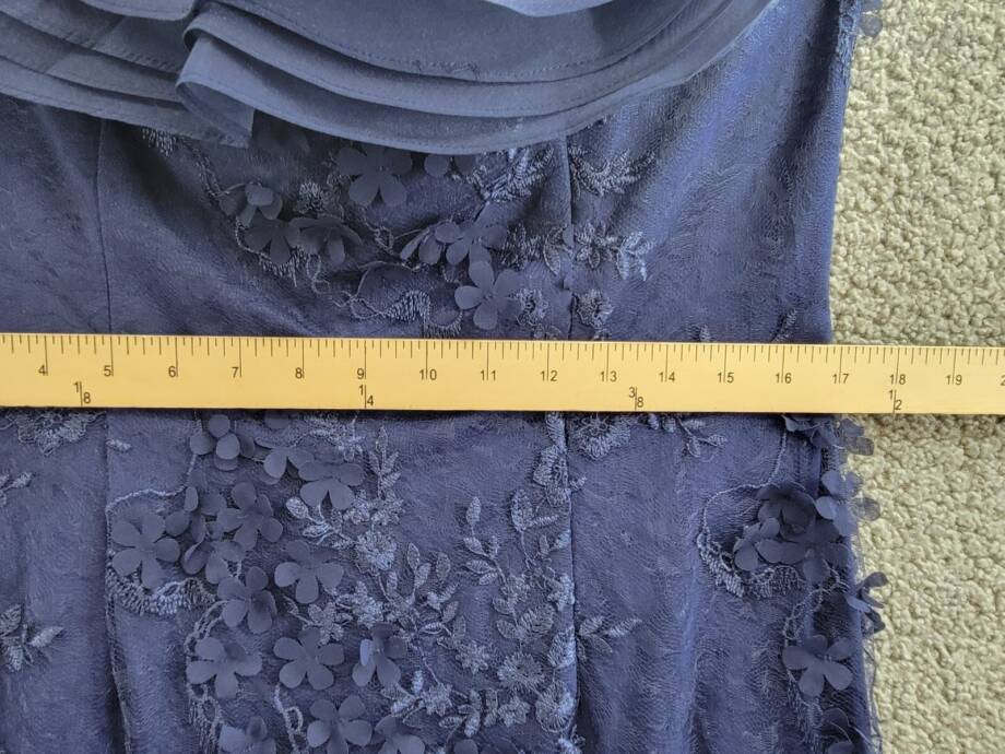 Adrianna Papell Ruffled Embroidered Mermaid Gown Women's 14 Navy 3D Floral Zip