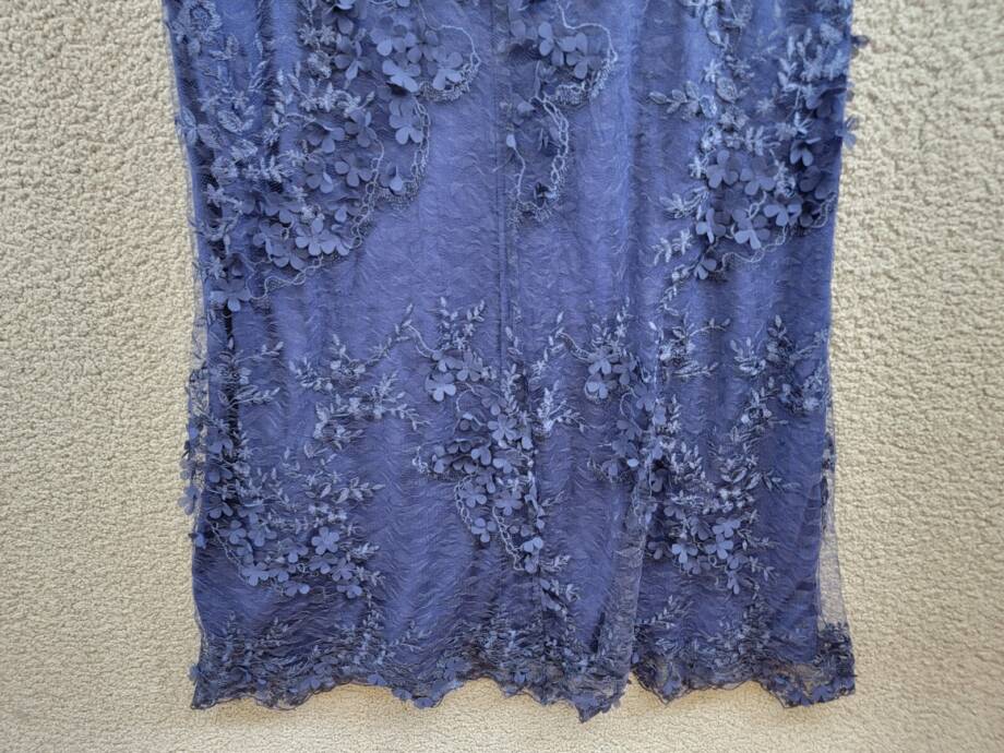 Adrianna Papell Ruffled Embroidered Mermaid Gown Women's 14 Navy 3D Floral Zip