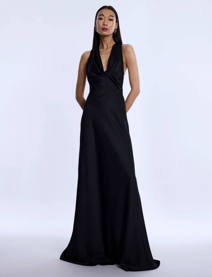 BCBGMAXAZRIA Cowl Neck Halter Gown Women's 6 Black Twist Detail Side Zip Closure