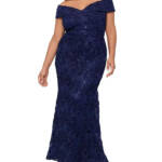 Xscape Plus Size Off Shoulder Embroidered Lace Dress Women's 16W Navy Back Zip