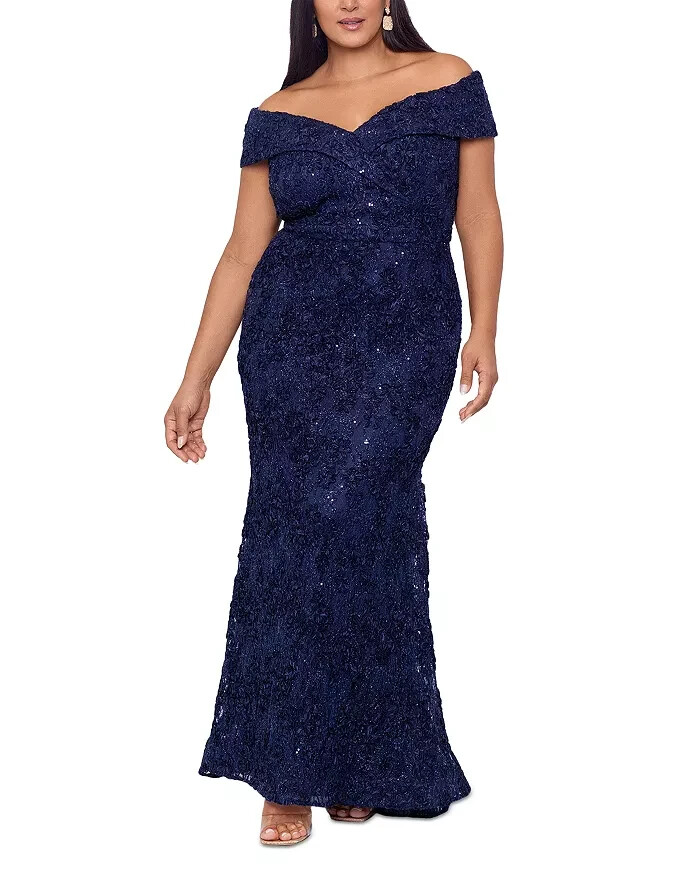 Xscape Plus Size Off Shoulder Embroidered Lace Dress Women's 16W Navy Back Zip