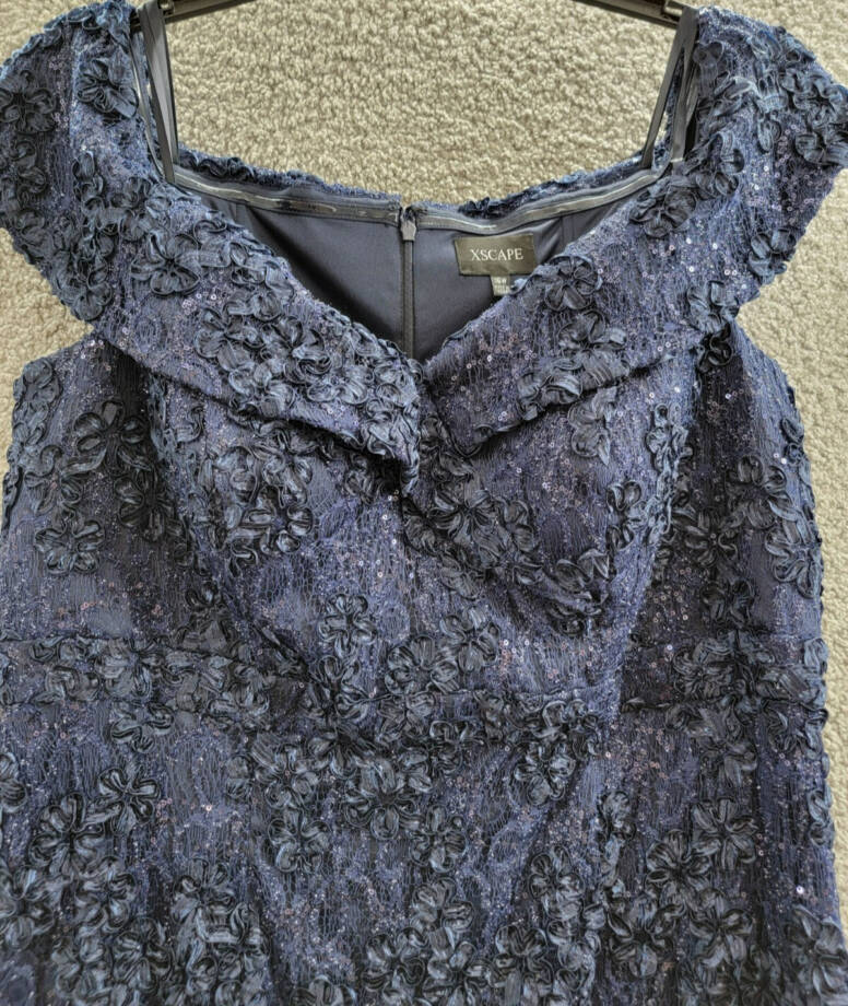 Xscape Plus Size Off Shoulder Embroidered Lace Dress Women's 16W Navy Back Zip