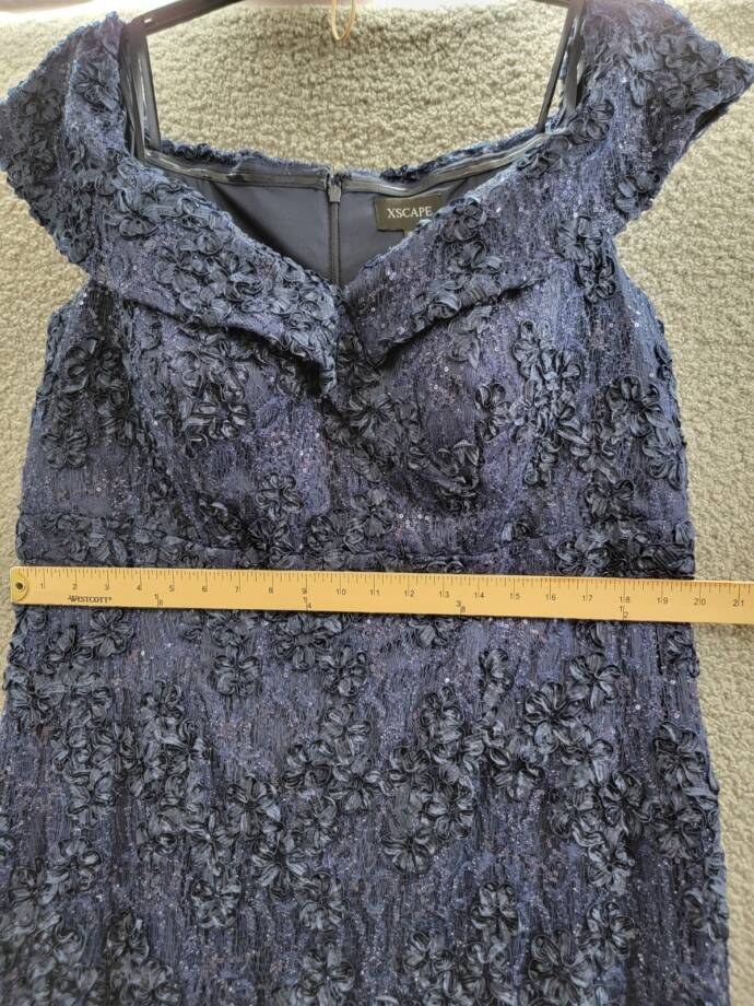 Xscape Plus Size Off Shoulder Embroidered Lace Dress Women's 16W Navy Back Zip