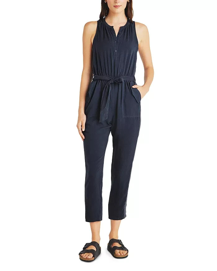 Splendid Colette Belted Jumpsuit Women's M Navy Round Neck Button Front Pull On