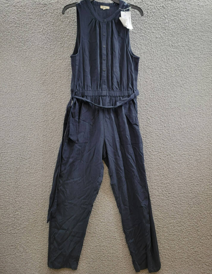 Splendid Colette Belted Jumpsuit Women's M Navy Round Neck Button Front Pull On