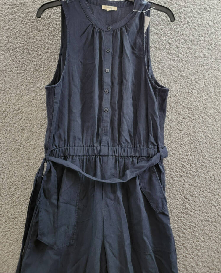 Splendid Colette Belted Jumpsuit Women's M Navy Round Neck Button Front Pull On