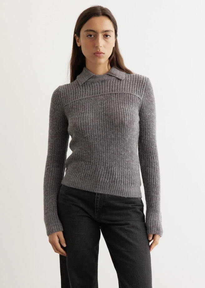 rag & bone Madix Wool-Alpaca Polo Sweater Women's S Charcoal Heather Pullover