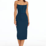 Dress the Population Corset Strapless Midi Dress Women's L Peacock Blue Back Zip