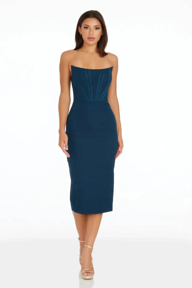 Dress the Population Corset Strapless Midi Dress Women's L Peacock Blue Back Zip
