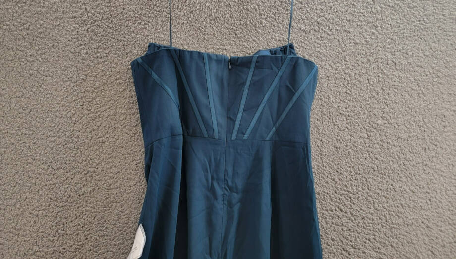 Dress the Population Corset Strapless Midi Dress Women's L Peacock Blue Back Zip