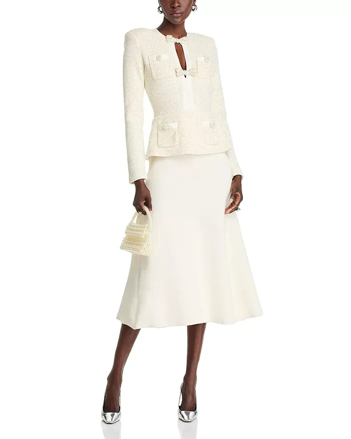 Self-Portrait Sequined Knit Tailored Midi Dress Women's XS Cream Wool Blend L/S