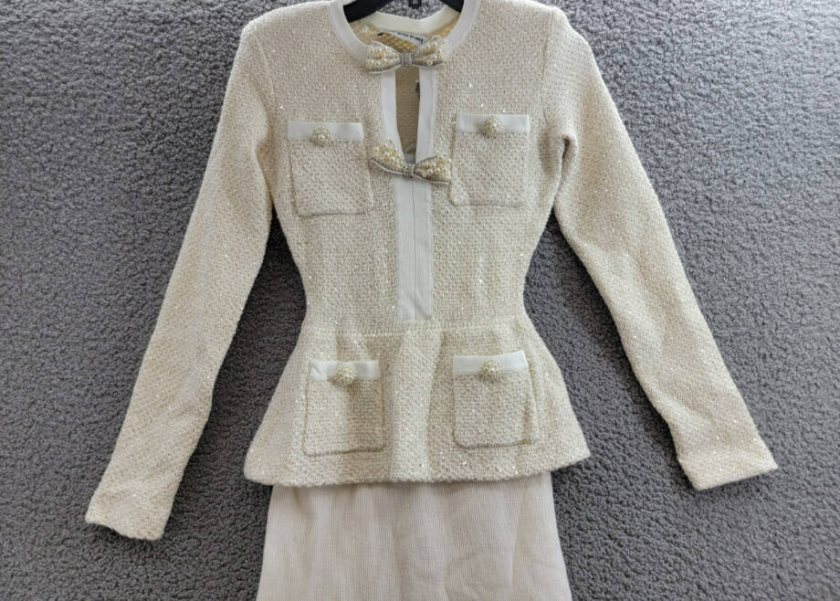 Self-Portrait Sequined Knit Tailored Midi Dress Women's XS Cream Wool Blend L/S
