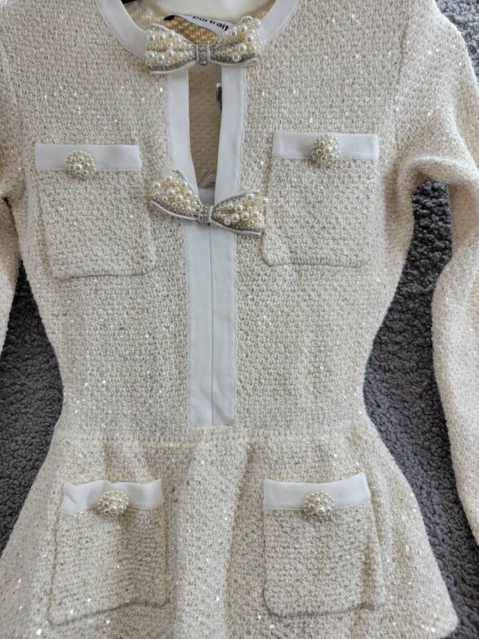 Self-Portrait Sequined Knit Tailored Midi Dress Women's XS Cream Wool Blend L/S