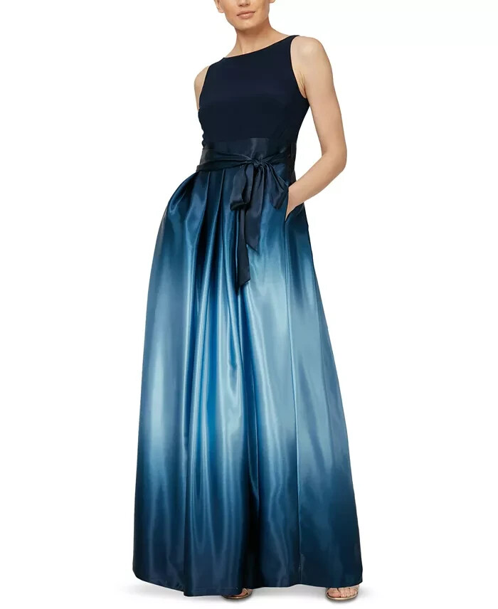 SLNY Fashions Ombré Satin Bow Sash Gown Women's 16 Navy/Wedgewood Zip Closure