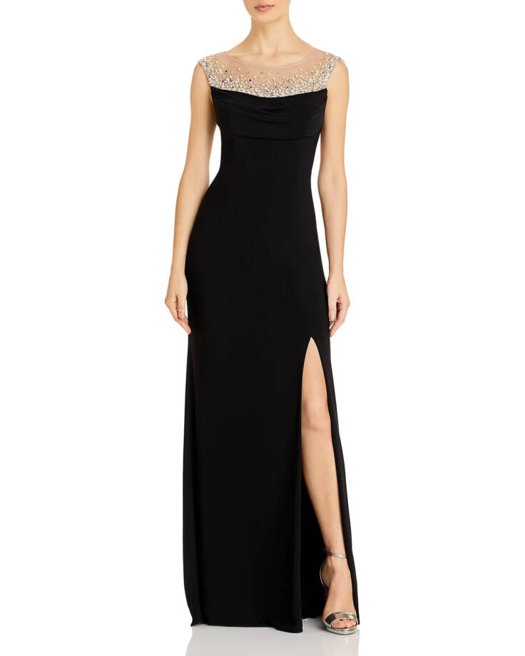 Adrianna Papell Illusion Embellished Mermaid Gown Women's 12 Black Slit Back Zip