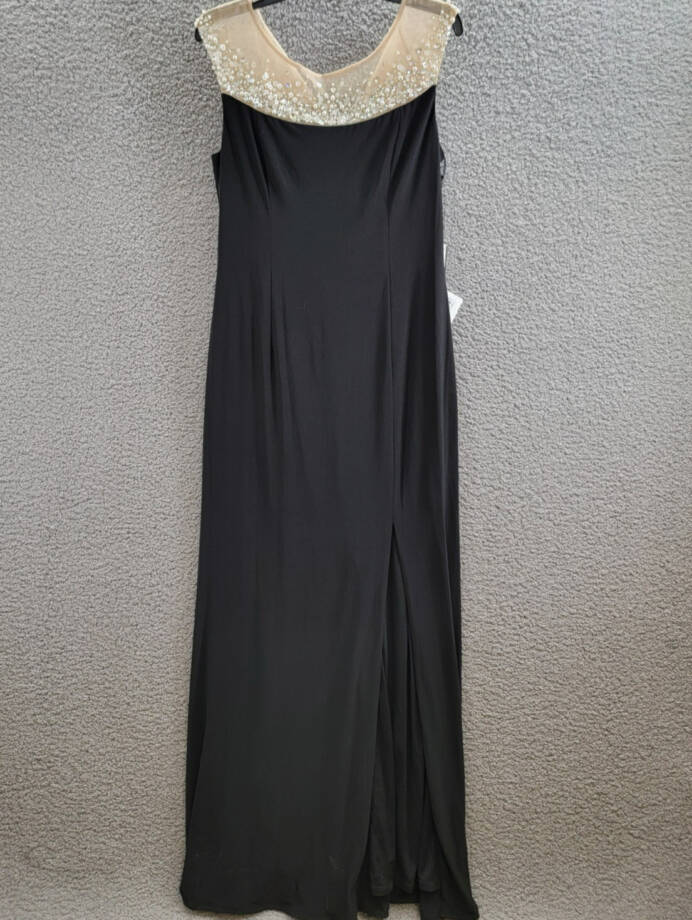 Adrianna Papell Illusion Embellished Mermaid Gown Women's 12 Black Slit Back Zip