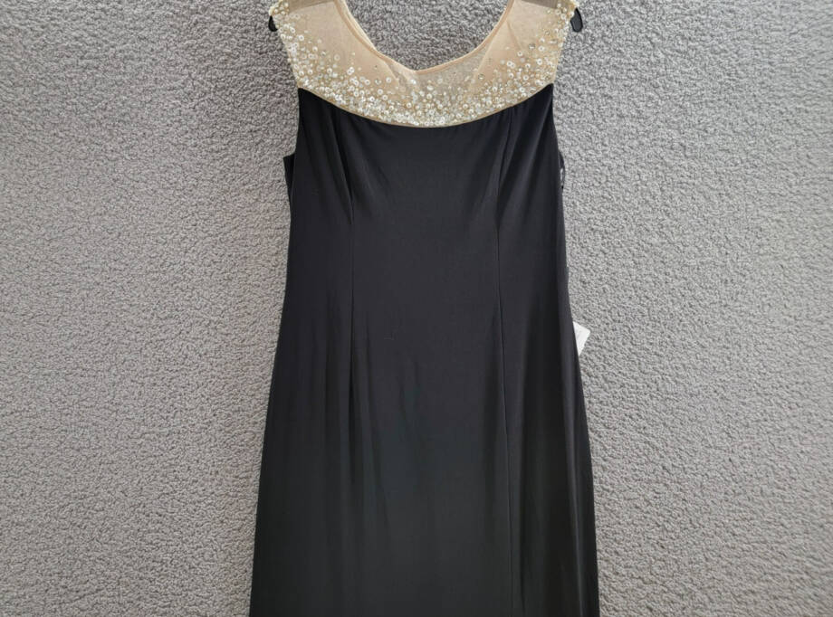 Adrianna Papell Illusion Embellished Mermaid Gown Women's 12 Black Slit Back Zip