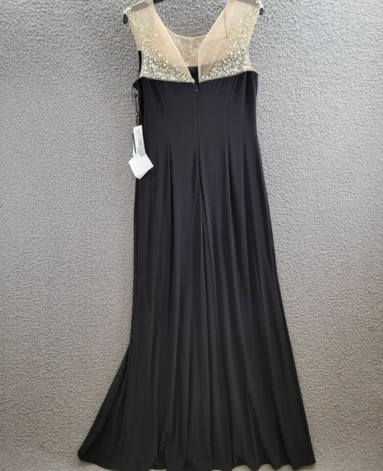 Adrianna Papell Illusion Embellished Mermaid Gown Women's 12 Black Slit Back Zip