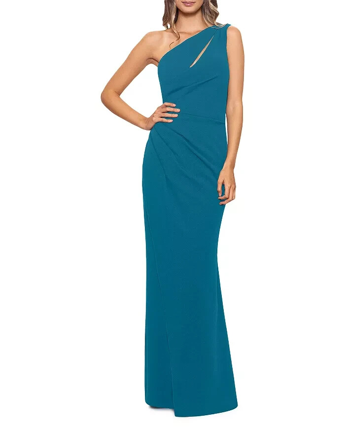 AQUA Cutout One Shoulder Gown Women's 0 Azure Solid Asymmetric Back Zip Closure