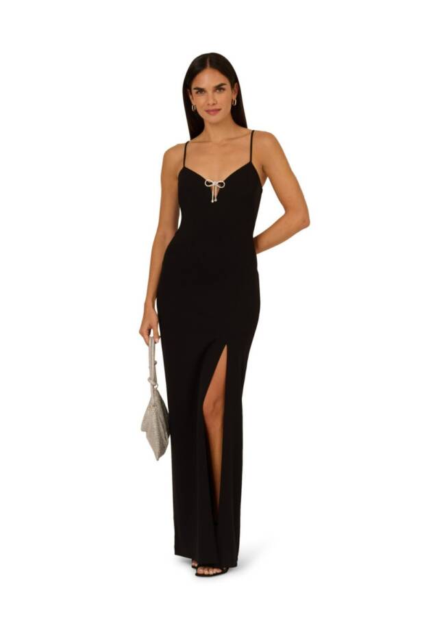 Adrianna by Adrianna Papell Knit Crepe Column Gown Women's 2 Black Back Zip