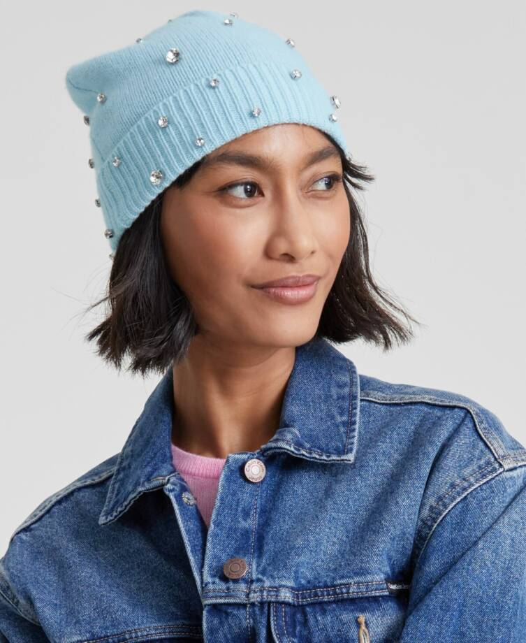 Charter Club Cashmere Embellished Cuffed Beanie Women's One Size Crystal Blue