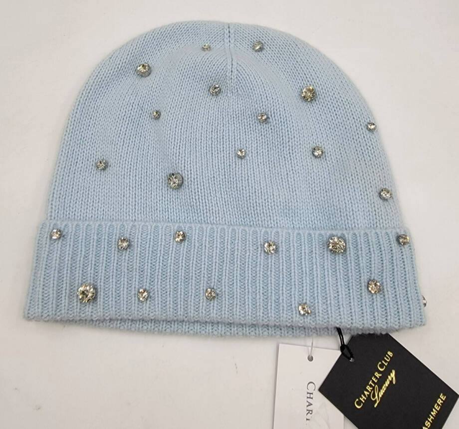 Charter Club Cashmere Embellished Cuffed Beanie Women's One Size Crystal Blue