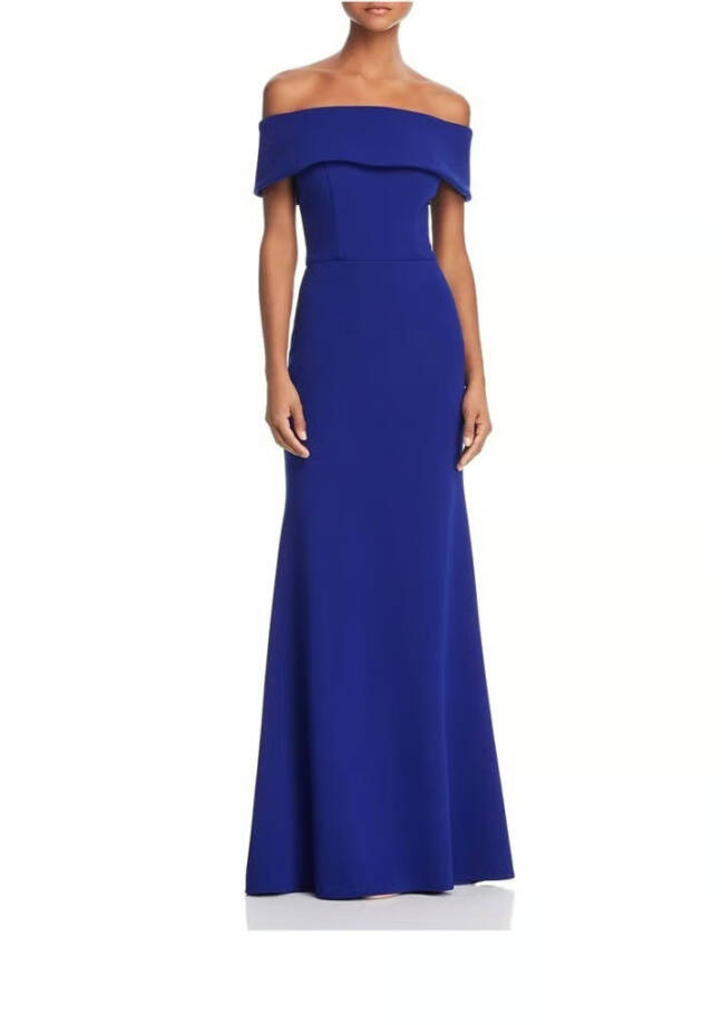 AQUA Off-the-Shoulder Scuba Crepe Gown Women's 2 Marine Back Zip Closure S/S