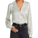 PAIGE Capriana Striped Silk Shirt Women's XS Antique White/Black Long Sleeve