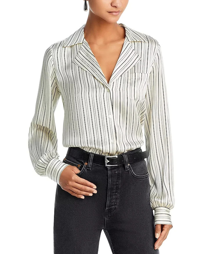 PAIGE Capriana Striped Silk Shirt Women's XS Antique White/Black Long Sleeve