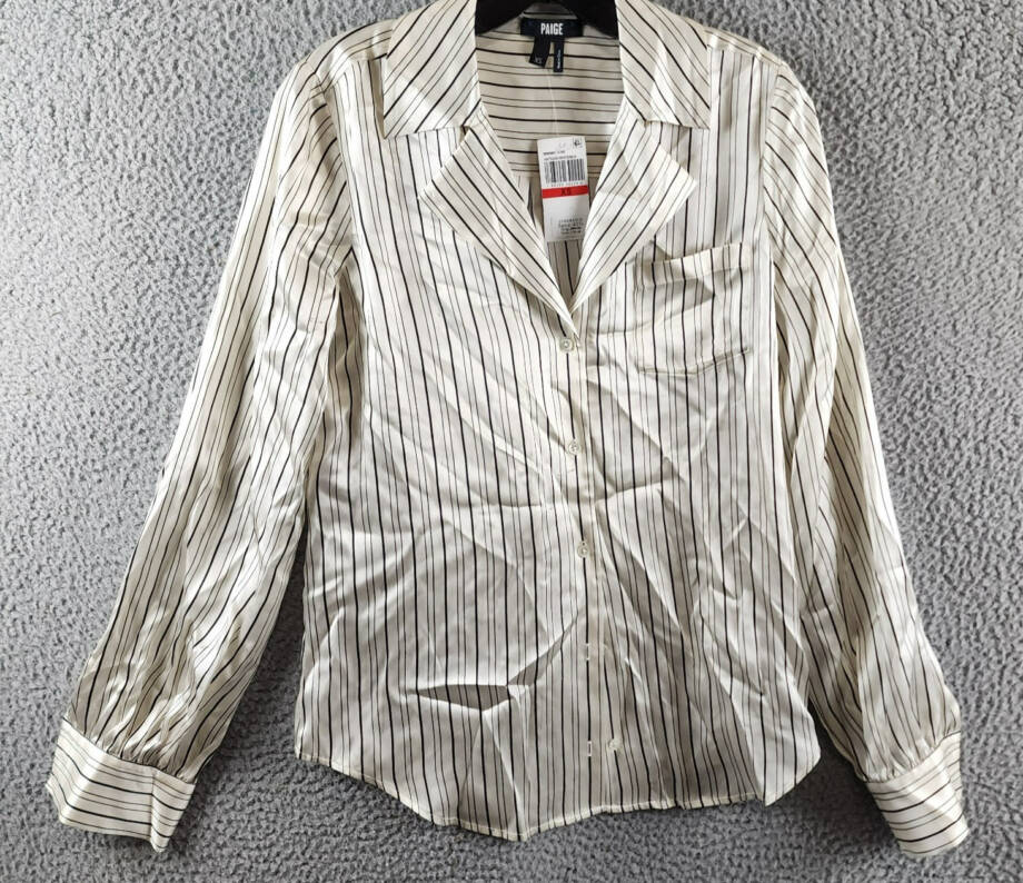 PAIGE Capriana Striped Silk Shirt Women's XS Antique White/Black Long Sleeve