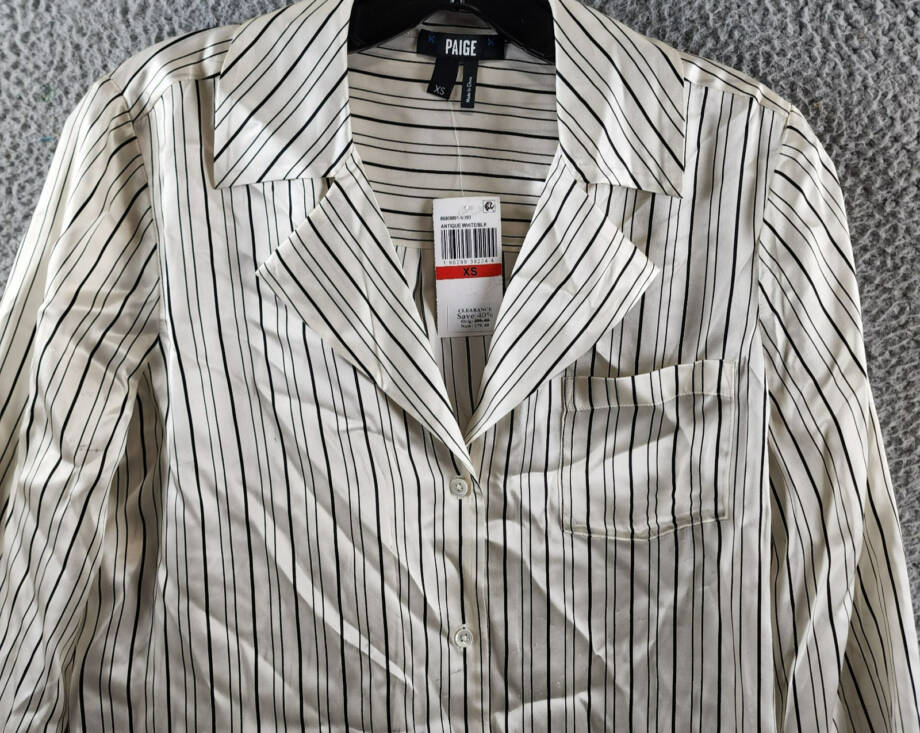 PAIGE Capriana Striped Silk Shirt Women's XS Antique White/Black Long Sleeve