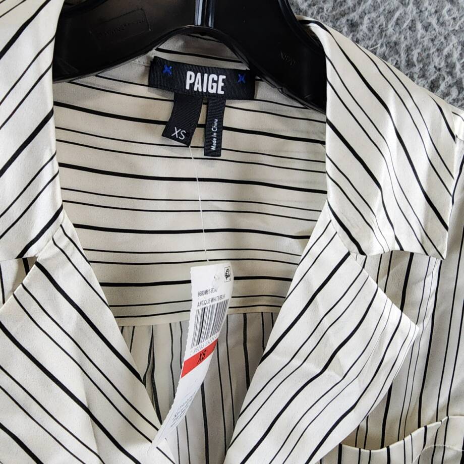 PAIGE Capriana Striped Silk Shirt Women's XS Antique White/Black Long Sleeve